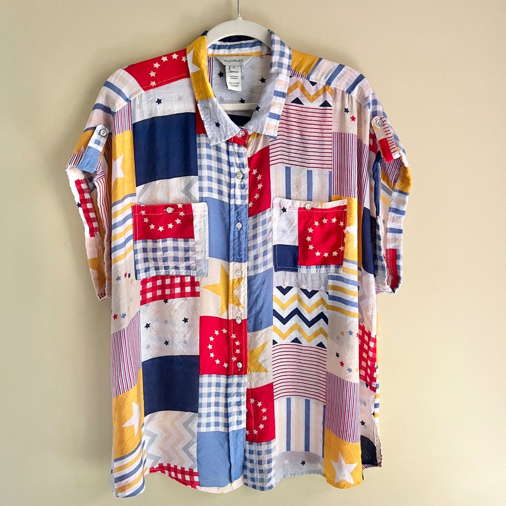 Multiples Top Women's 1X Patchwork Americana Patriotic Stars Stripes Summer Blue